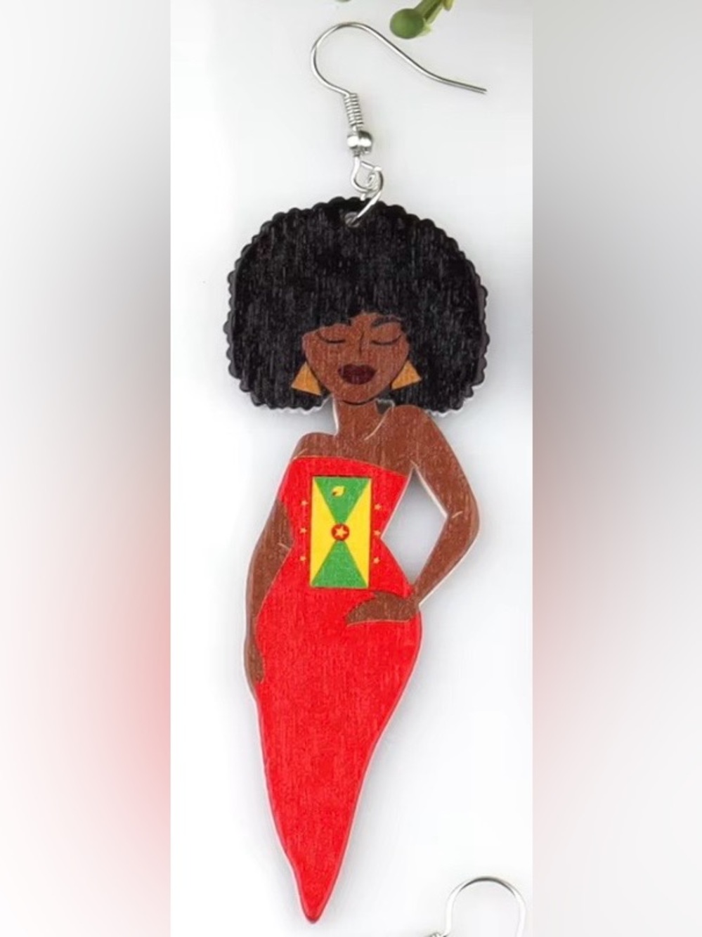 Grenada Flag Afro Wooden Dangle Earrings | Caribbean Statement Earrings